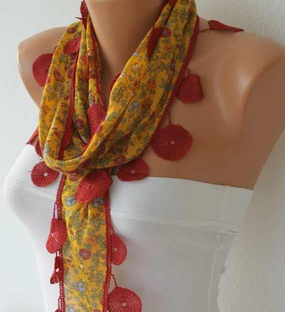 Mustard Scarf  - Cotton  Scarf -  Cowl Scarf with Red Lace Edge   - fatwoman