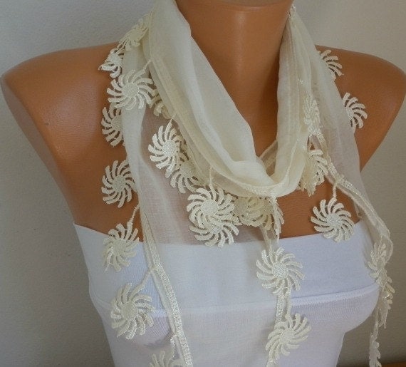 Creamy White Scarf - Cotton Scarf - Cowl with Lace Edge - fatwoman - Bridesmaids Gifts