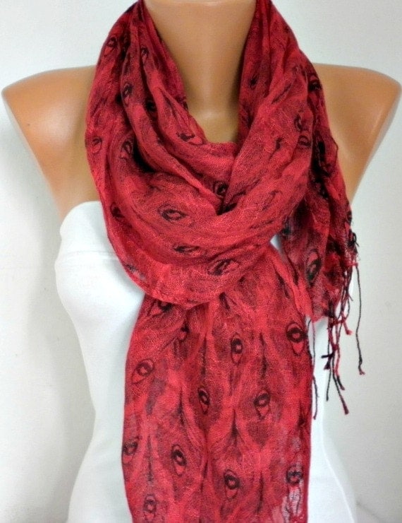 Peacock Scarf  Shawl Scarf -  Cowl Scarf  Red - fatwoman