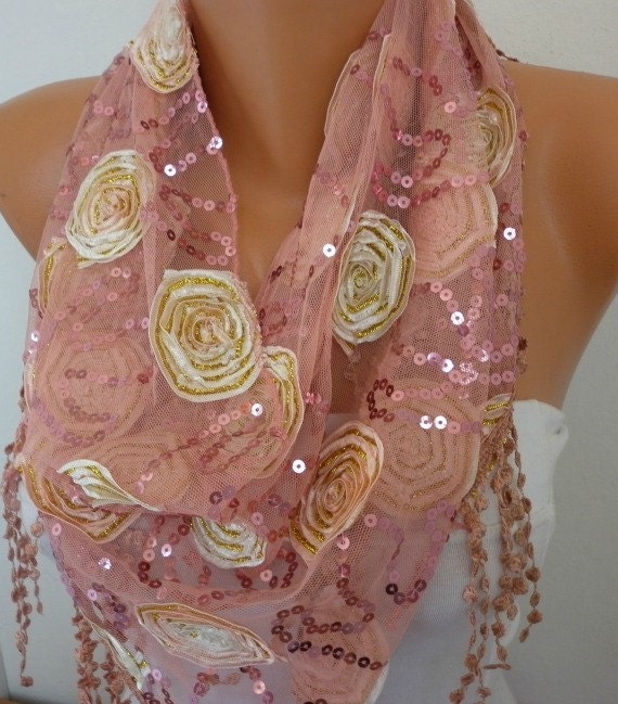 Light Cinnamon Sequin Scarf - Cowl Scarf - fatwoman