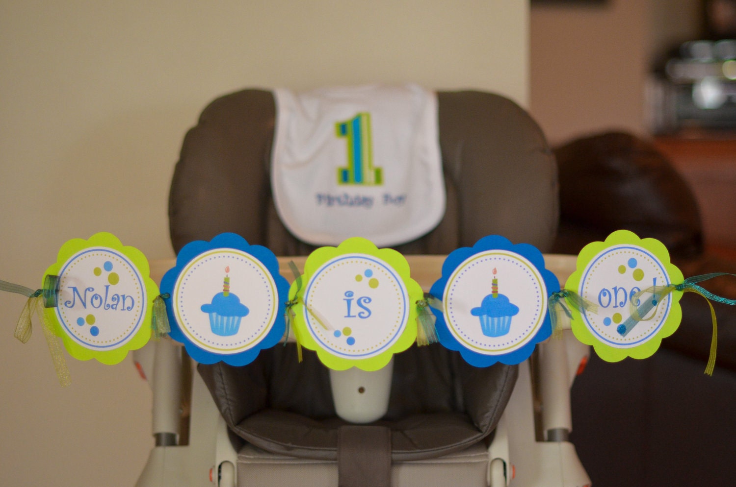First Birthday High Chair Banner - Baby Boy - Green and Blue - Sweet Little Cupcake Boy Il_170x135