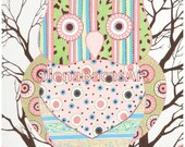 Owl ORIGINAL Painting Watercolor Gouache Girl Baby Bird Brown Blue Pink Green Illustration Kids Wall Art Nursery Room Decor 11"x14"