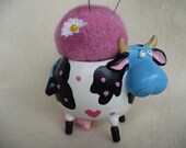 Cow Pincushion, Natural wool pincushion, Refurbished Candholder