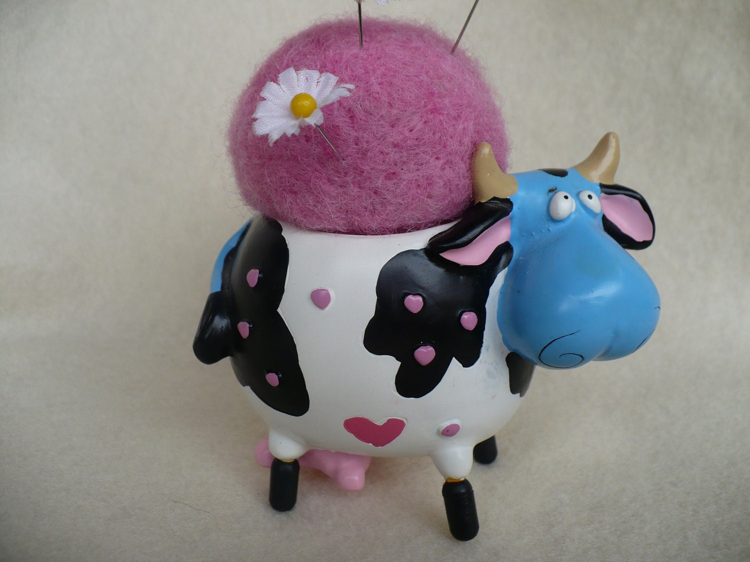 Cow Pincushion, Natural wool pincushion, Refurbished Candholder