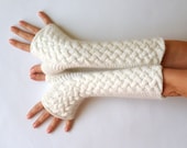 White Cable Fingerless Gloves Cashmere Fingerless Mittens Knit Arm Warmers Winter Hand Warmers Wrist Warmers - KG0039 - Aimarro