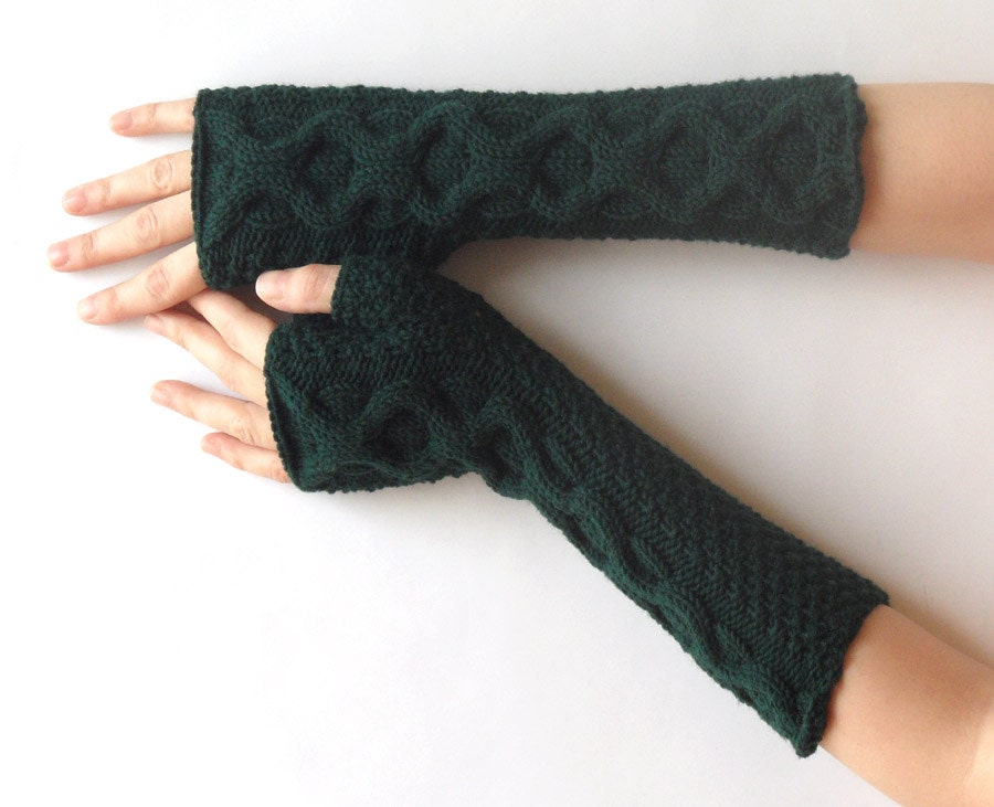 Green Fingerless Gloves Cable Long Knit Arm Warmers Cashmere Hand Warmers Womens Warm Wool Fingerless Mittens - KG0023 - Aimarro