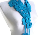 Flower Lariat Scarf, Deep sky blue scarf with crochet flower patterns , hand-made,fashion,gift, mothers day,unique