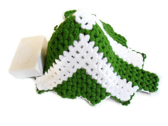 Handmade  Crochet Dishcloths Washcloths, christmas gift, mothers day, green and white,  unique