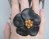 Black and Gold sculpted clay pansy flower ring Bridesmaid Gift/Bridal Party/Statement Jewelry - a Dessy Group finalist