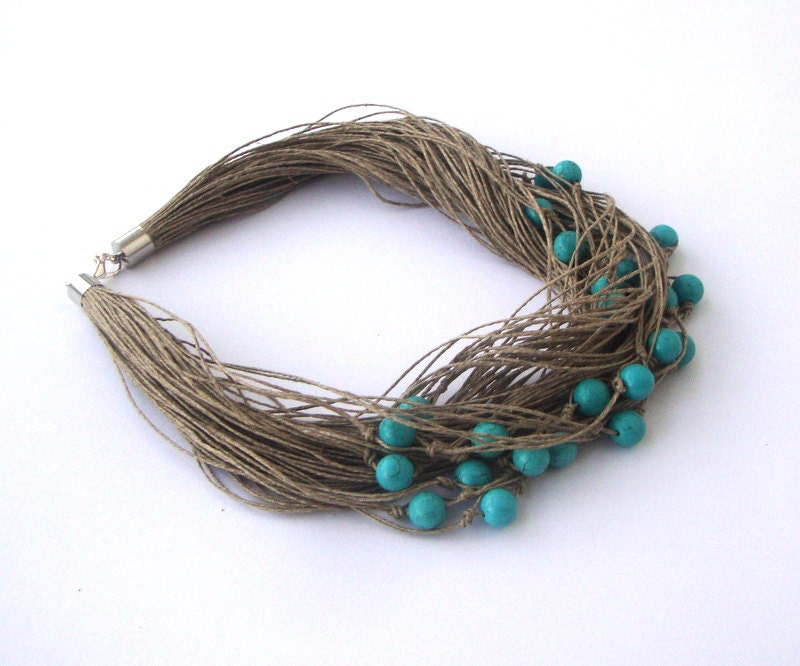 Statement linen necklace  turquoise howlite necklace /  eco style jewelry