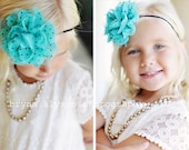 BACK IN STOCK- Large Turquoise Chiffon Flower with Black Pin Dots on Black Skinny Headband - Polka Dot Collection Fall 2012 Birthday Holiday