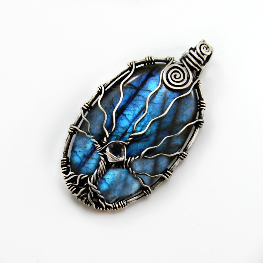 Labradorite tree of life pendant, sterling silver and Quartz, natural gemstones