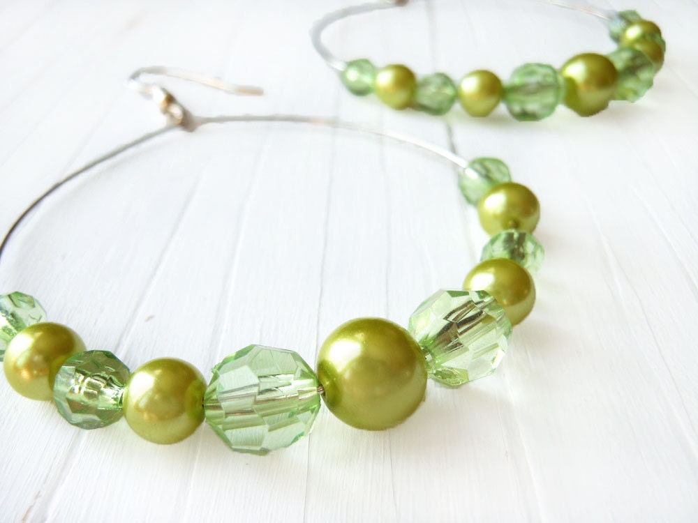 Lime Green Hoops: Beaded Hoops, Lime Green Earrings, Silver, Green Hoop Earrings, Lime Green Bead Earrings, Large Beaded Hoop Earrings