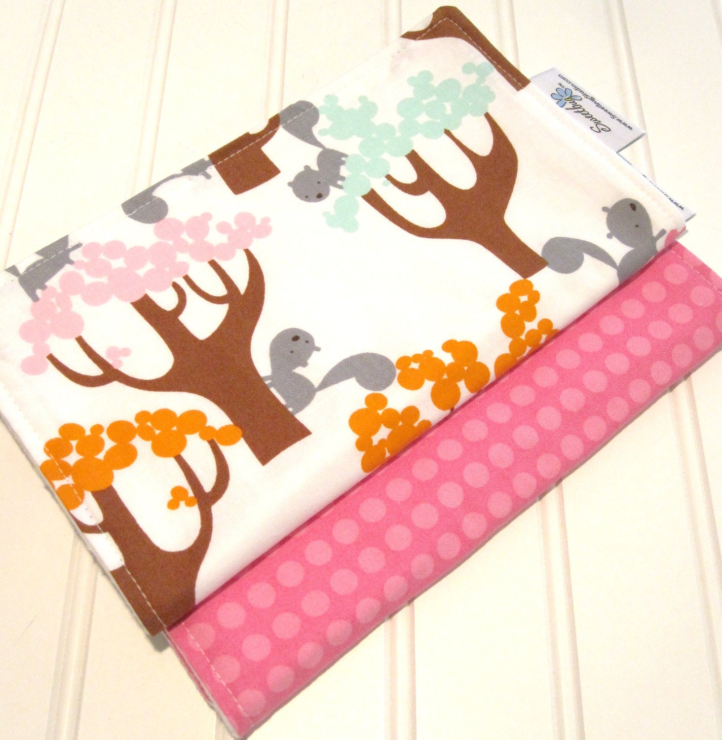 Burp Cloths/Squirrels and Trees in Sorbet/Double Flannel Backing In White/Set of Two