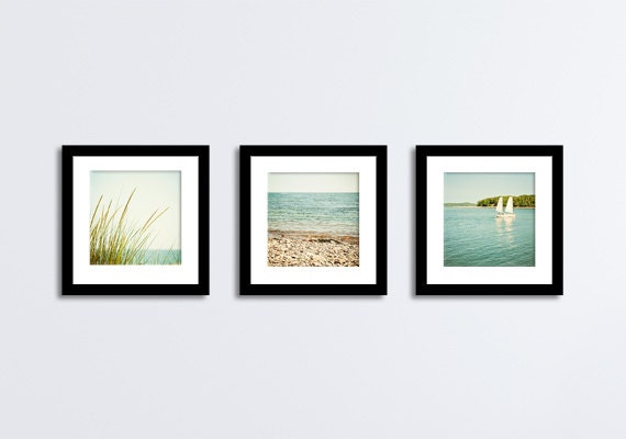 Coastal Print Set - beach grass 3 photos blue photography green teal vintage white brown beige cream sailboat ocean - Three 5x5 Photographs