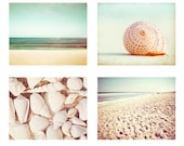 Beach Photography Set - Four 11x14, 8x10 Photographs, ocean seashell photo print mint green turquoise cream pastel beige seashore wall art