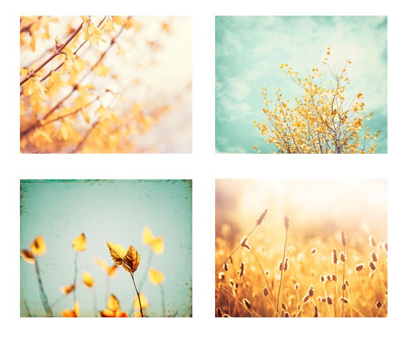 Photo Set of 4 8x10 Photography Prints - nature flowers floral - yellow gold mint green teal blue - golden photo set turquoise - print sets