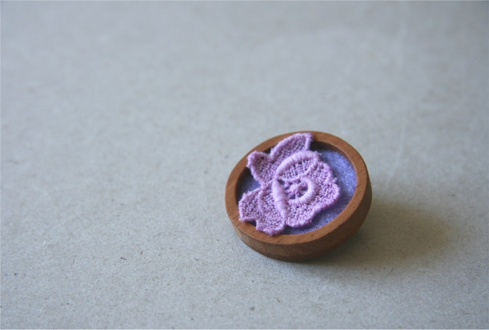 Lilac Vintage Lace on Lavender Purple Felt Wooden Brooch, Lace and Mahogany Series