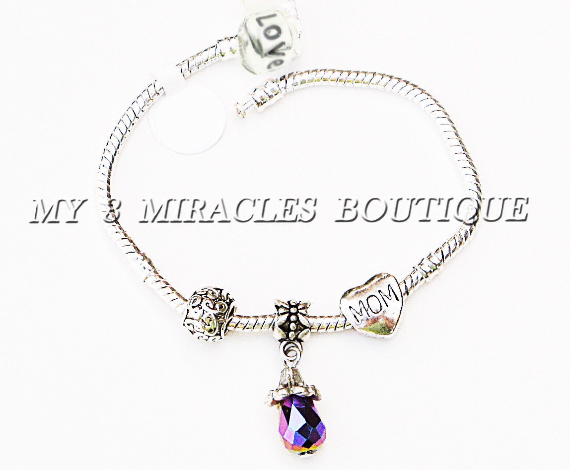 Teardrop Crystal Snake Chain Charm Bracelet Choose MoM Grandma Sister Wife European Style Love Heart Mother's Mothers Day Gift