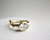 14K Yellow Gold Twig Ring with Oval White Topaz, Engagement ring