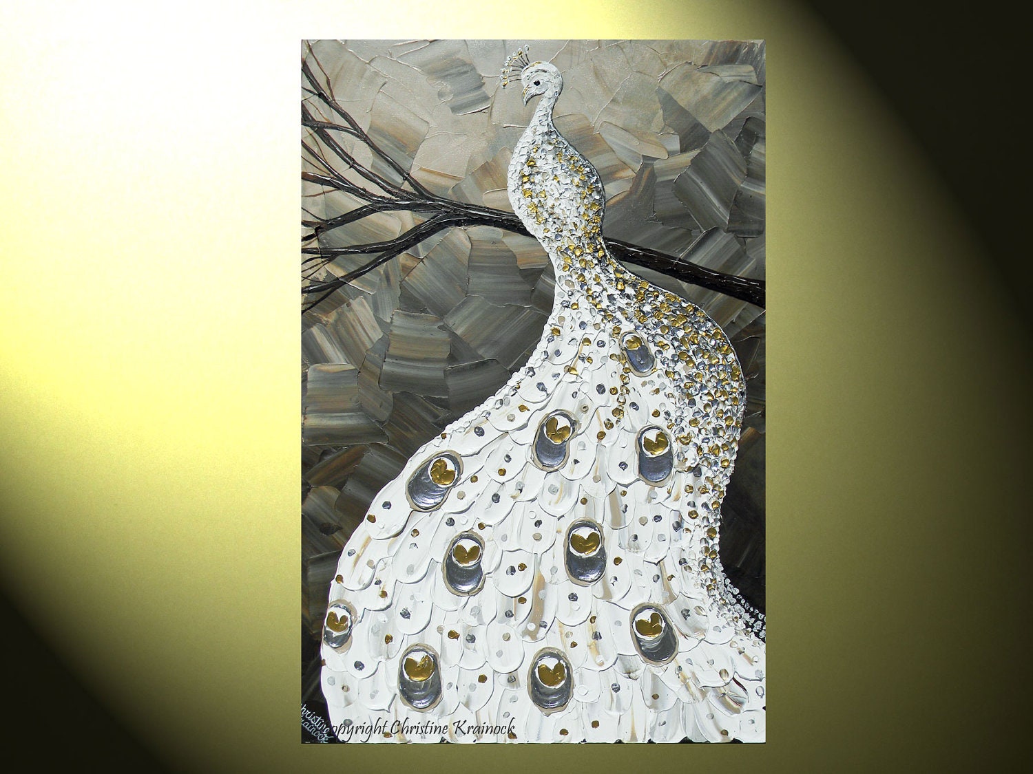 PRINT Abstract White Peacock Painting, Albino Peacock, Large, Fine Art, Giclee, Palette Knife, Brown Metallic Silver Gold, 36x24" -Christine