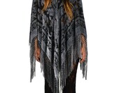 Grey Floral Brocade Velvet Burnout Gypsy Fringe Poncho