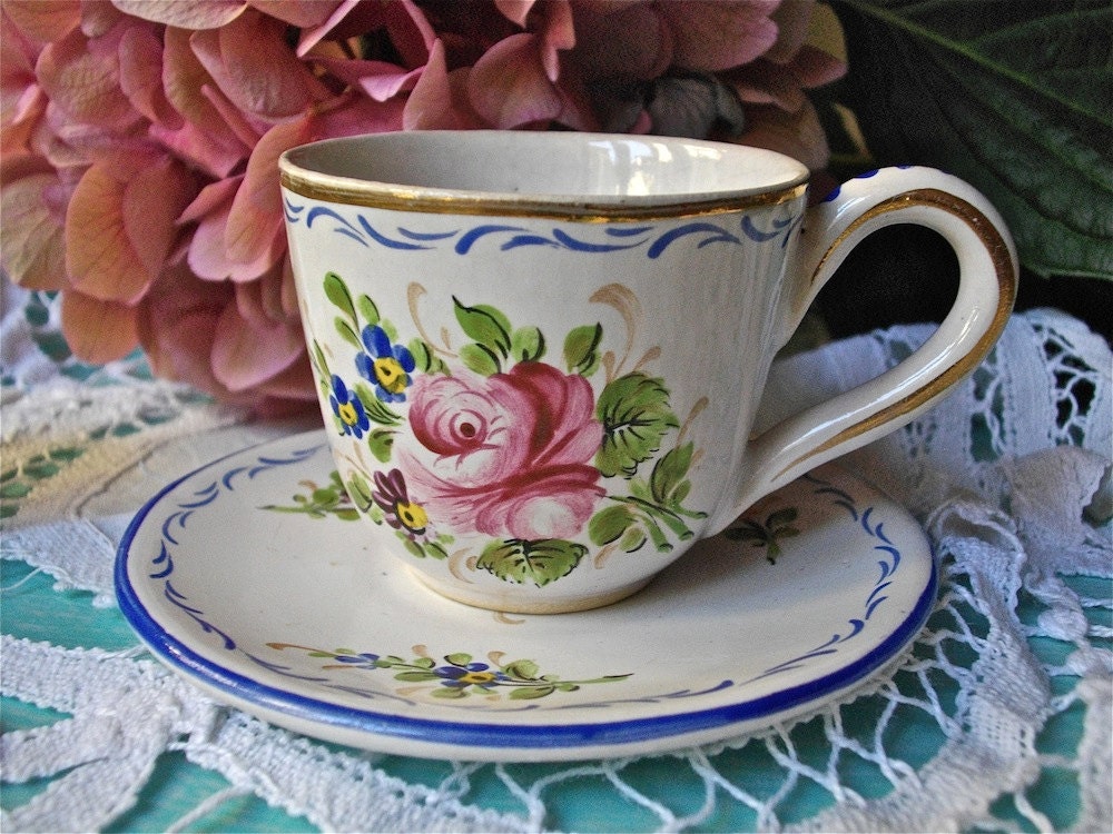 French coffee cup with bouquets of roses, faience of Clamecy-Christmas gift