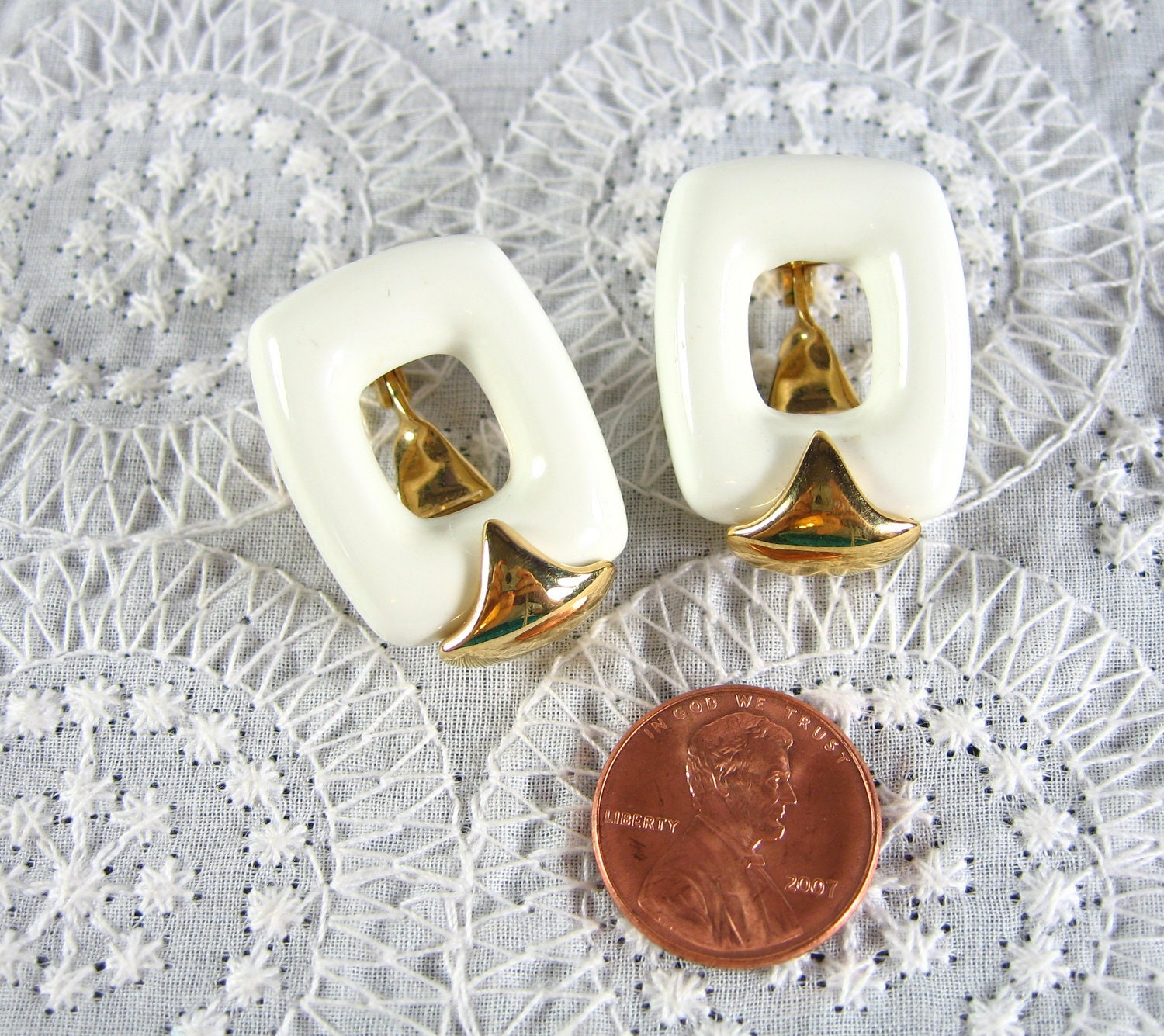 Vintage Lucite Earrings, MOD White Geometric Squares, Clip-ons, Designer MONET, 1950s 1960s Mad Men Jewelry