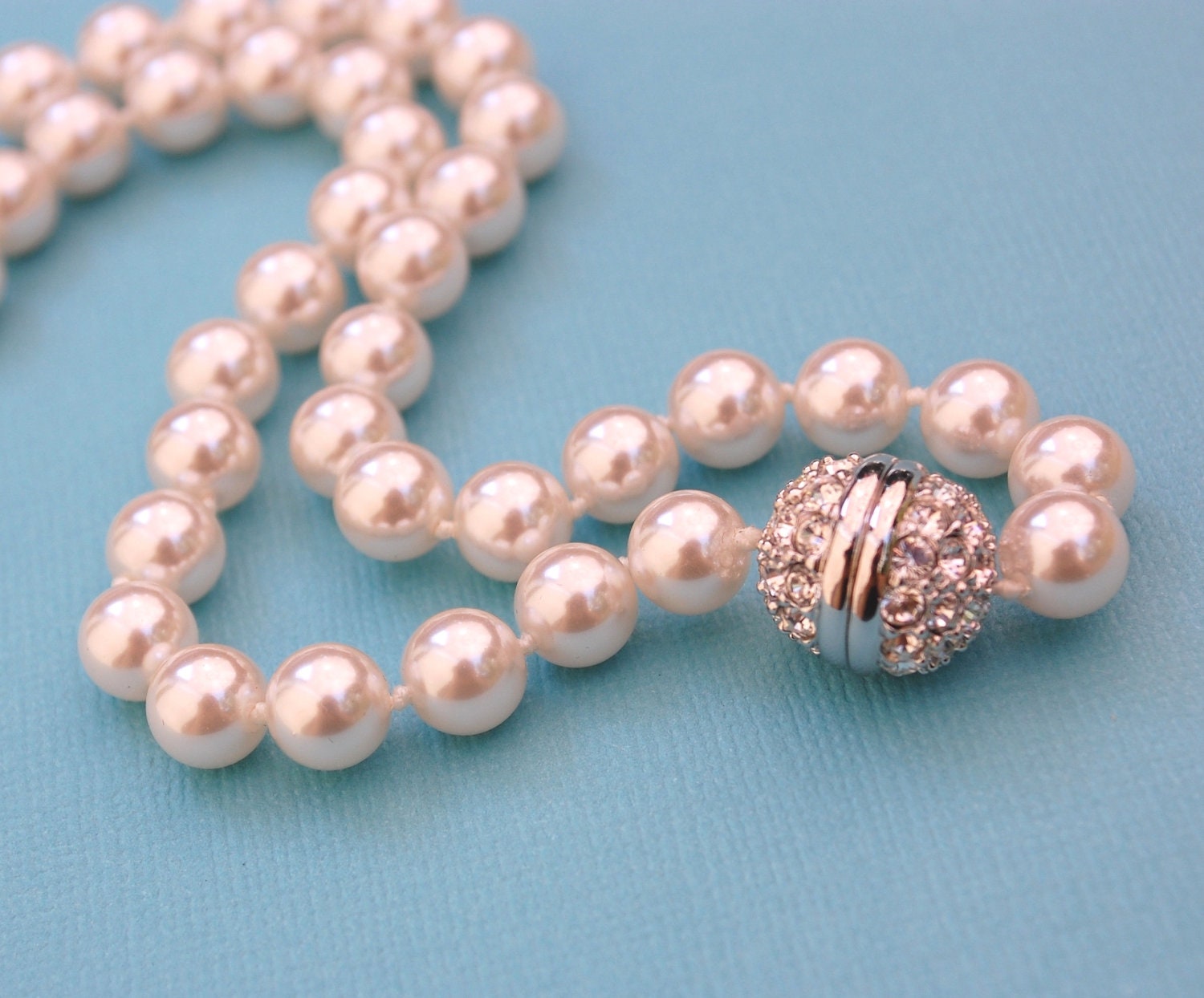 Vintage Glass Pearl Choker Necklace, Designer SWAROVSKI, Crystal / Rhinestone Rondelle Clasp, Hand Knotted, 1980s Wedding Bridal Jewelry