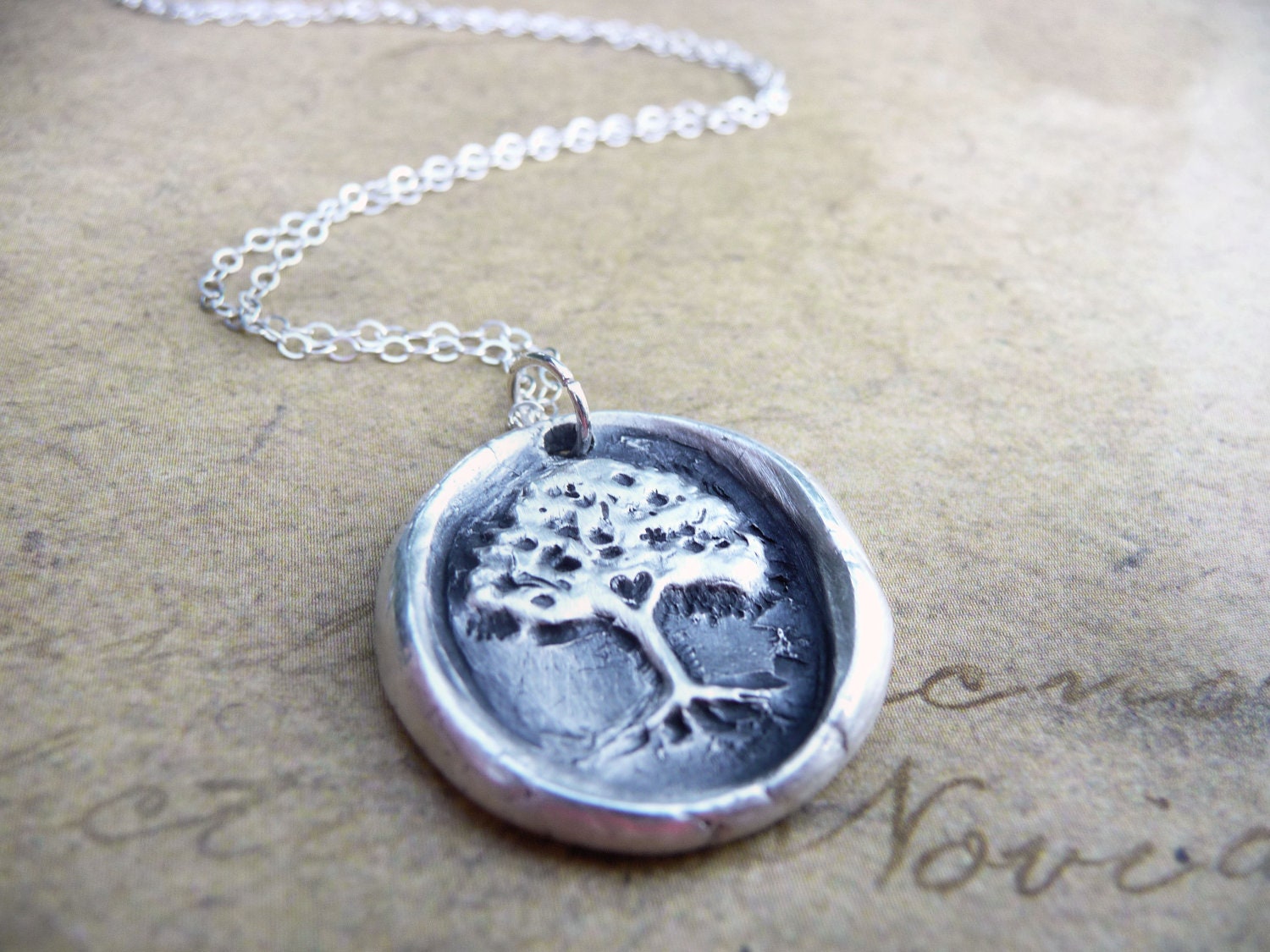 Wax seal necklace tree with hidden heart made from recycled fine silver, made to order
