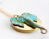 Patina Elephant Locket Necklace Verdigris Elephant Pendant Round Locket Long Necklace Animal Jewelry - N231