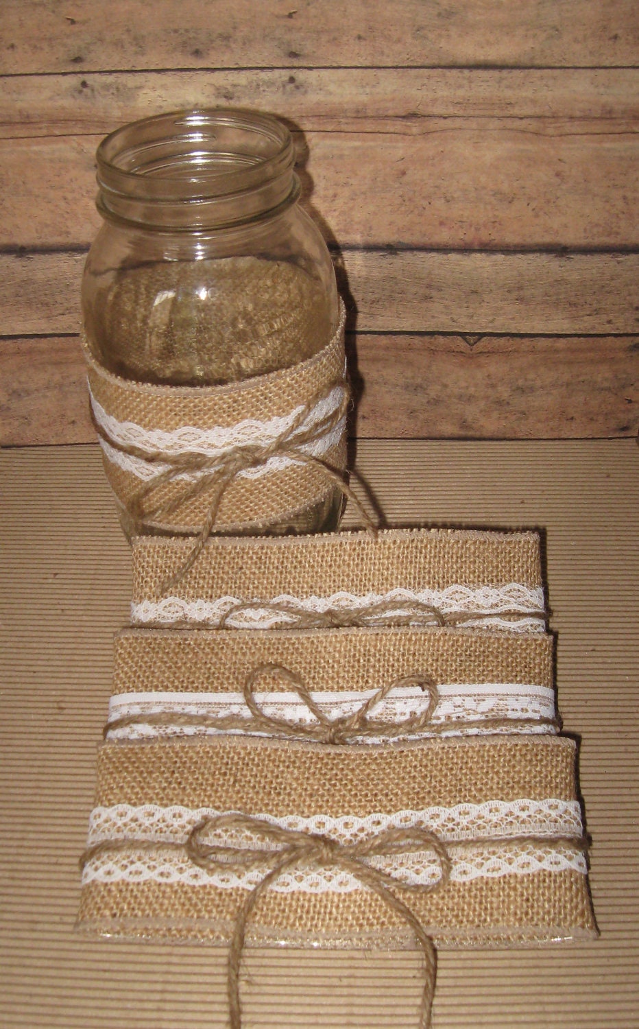 BURLAP LACE DIY Mason Jar "Sleeves" Summer Wedding, rustic Wedding , Cottage Decor