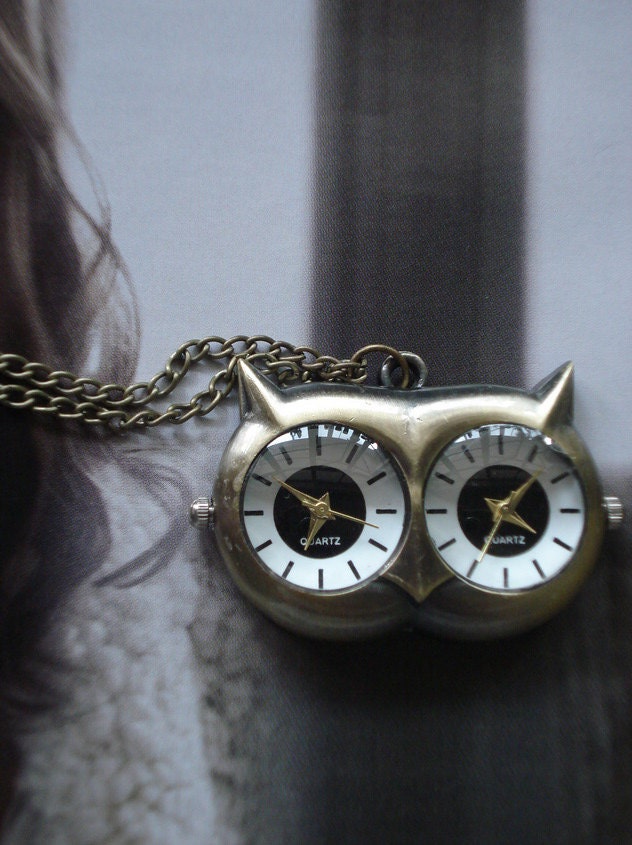 20% HOLIDAY SALE Dual Time Necklace Pendant Owl Pocket Watch quartz Chain G618