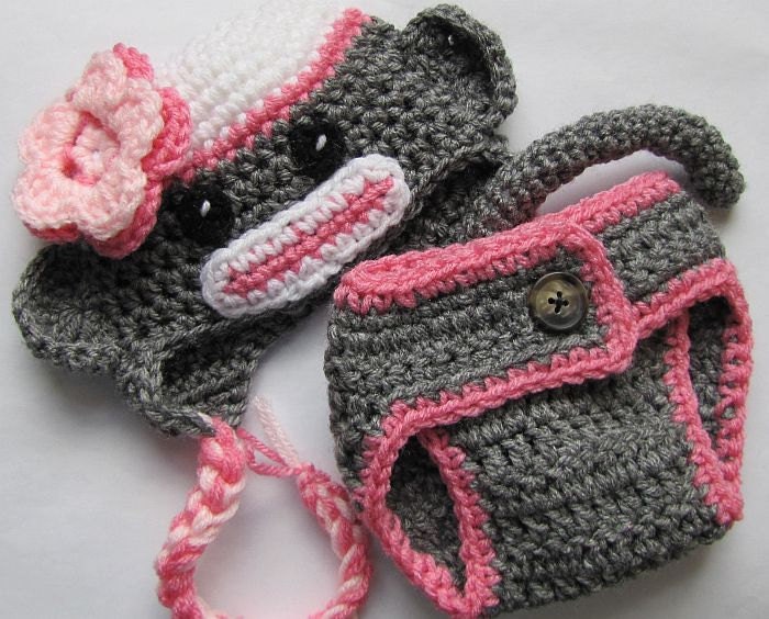 pink newborn sock monkey hat and monkey pants (0-3 months)