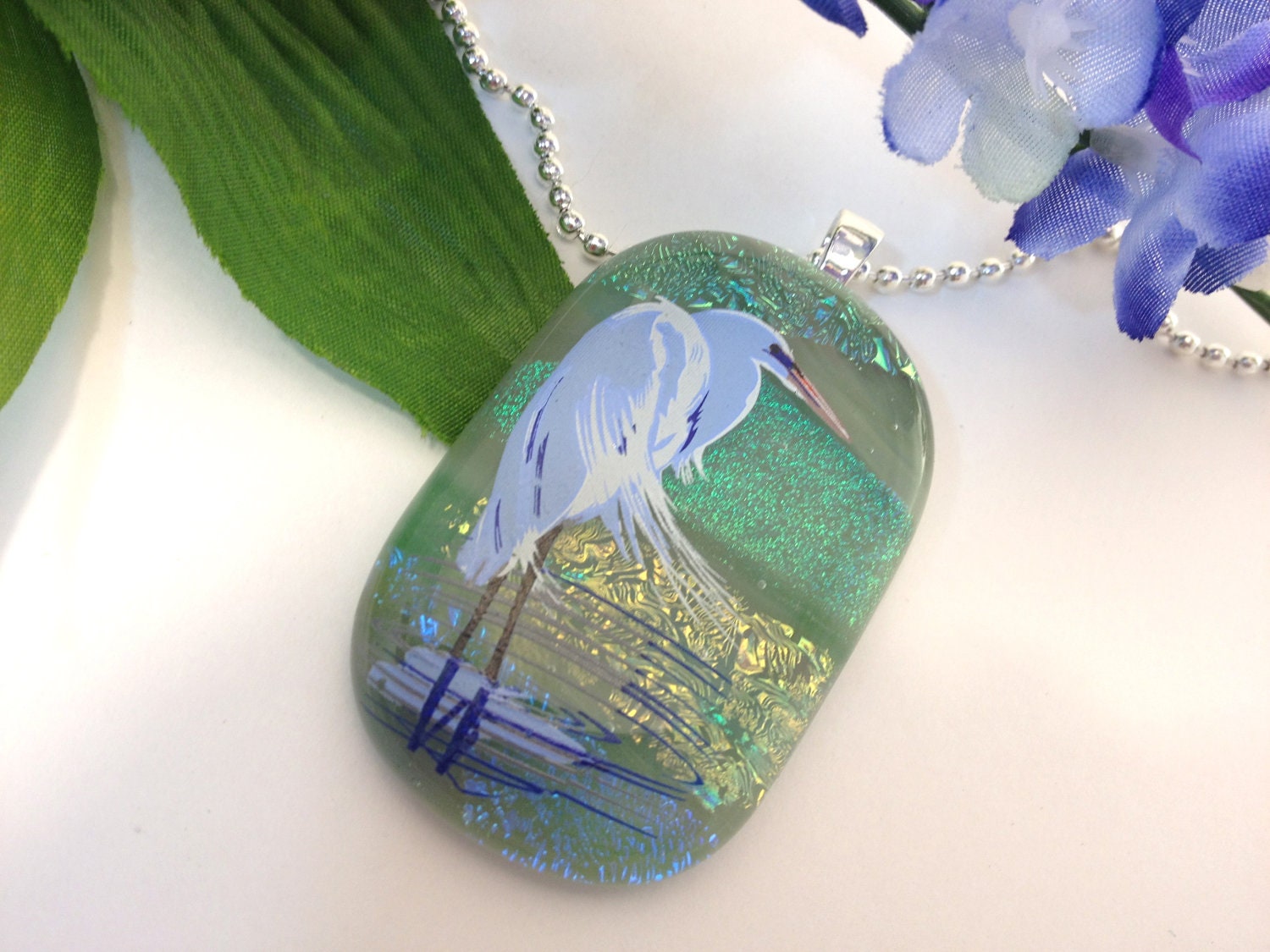 Fused Dichroic Glass Necklace Pendant White Crane in Green Gold Blue  Statement Jewelry  033