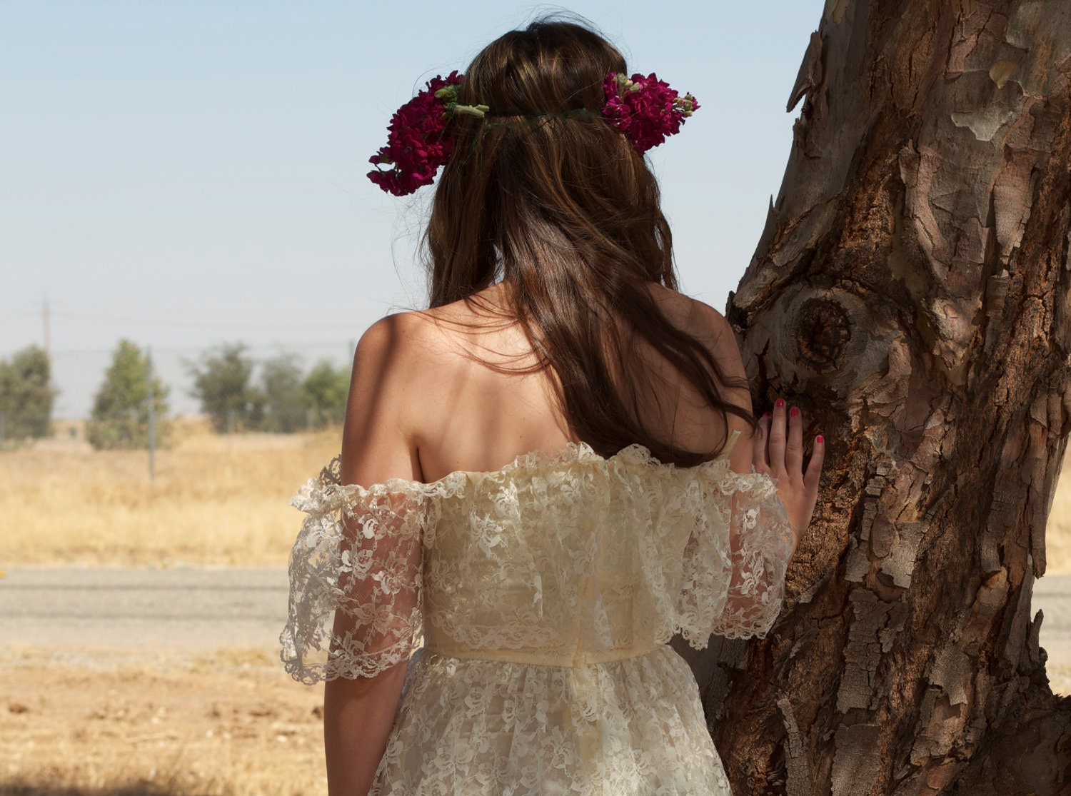 Vintage Bridal Shower Dress 70s Off the Shoulder Short Lace - Eve