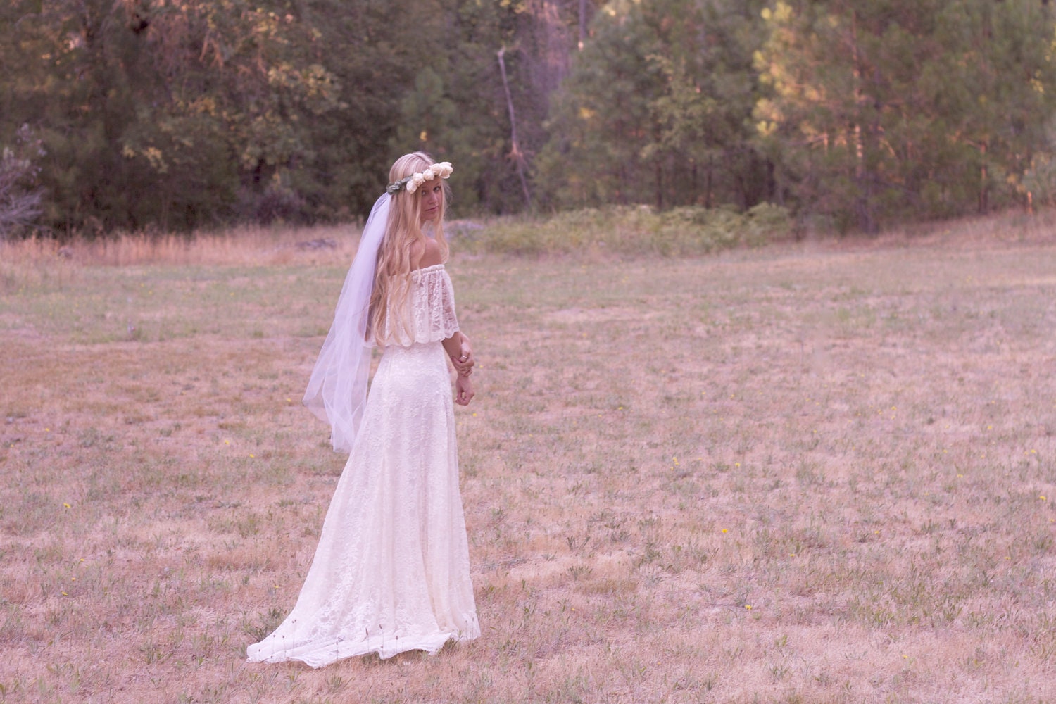 Bohemian Wedding Dress Off The Shoulder Lace Ivory 1970s - "Winnie"