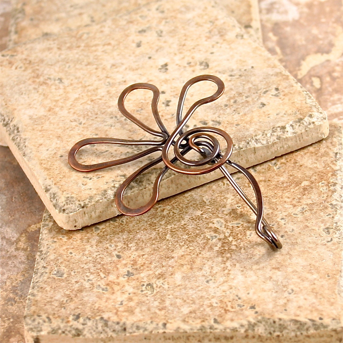 Hammered Copper FIbula, A Flower For Your Lapel