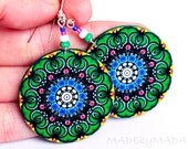 Bohemian Rosette Mandala Green Blue Round decoupage earrings Folk motif ,  gift for her under 25 (A11)