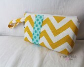 Chevron Zippered Clutch Wristlet Wallet  Yellow Chevron and Aqua Teal Dots - fits Wallet Makeup Diapers Wipes