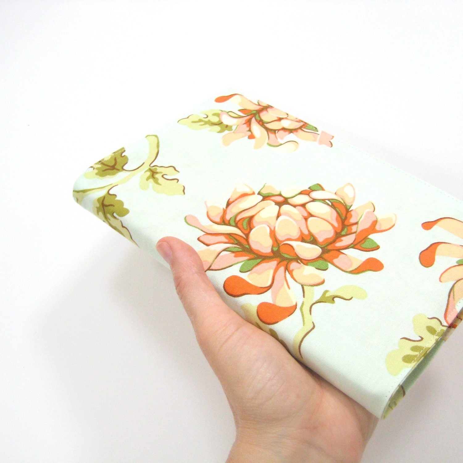 Moleskine planner cover, aqua peach apricot spring floral garden, handmade cloth covers for large Moleskine notebook or planner, greengrass