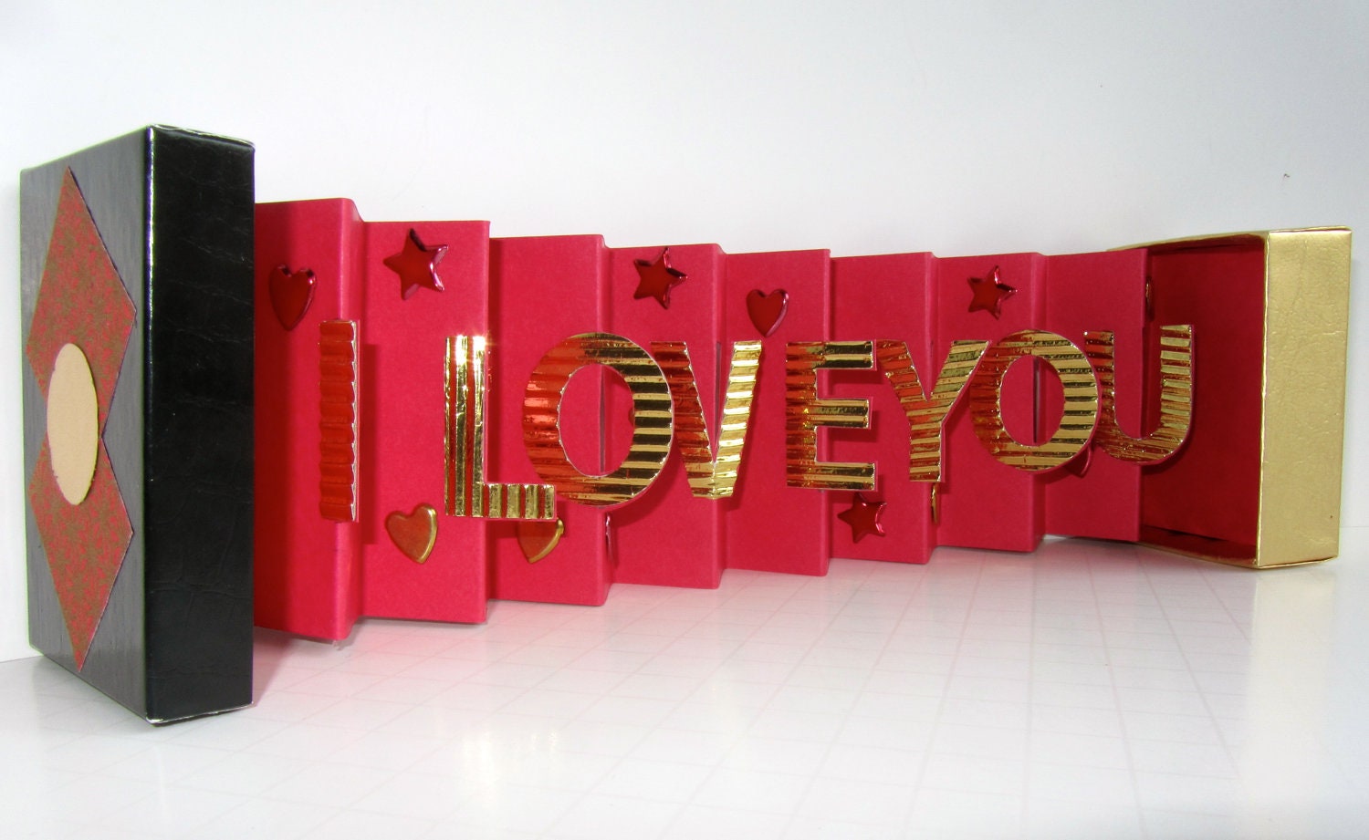 I LOVE YOU Card in a Very Small Box Original Design in Red and Gold Accordion Miniature Book-Card Handmade Personalized One Of A Kind