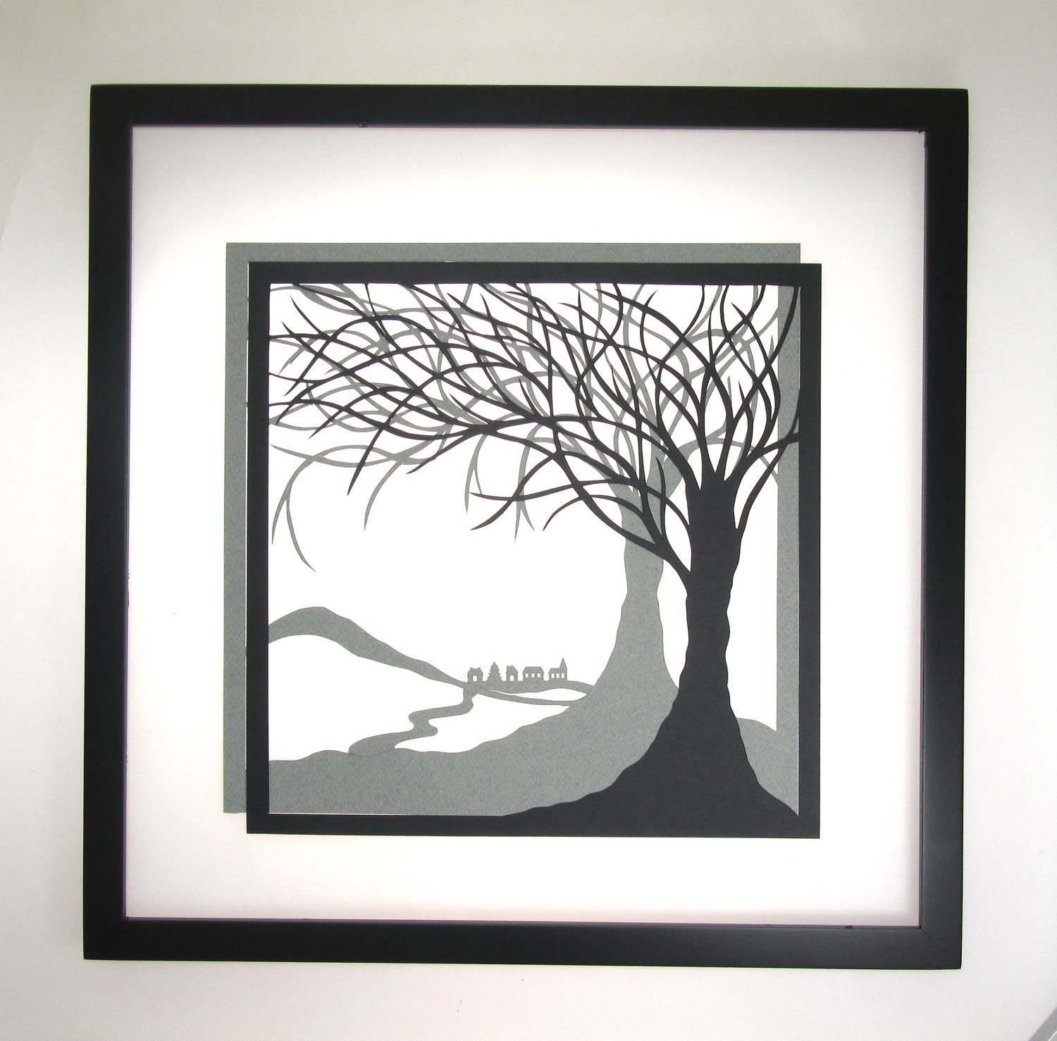 Trees Of Life Wall Art Home Décor Silhouette Paper Cutouts w/ Two Layers of Black and Grey Original Handmade Design Framed Signed OOAK