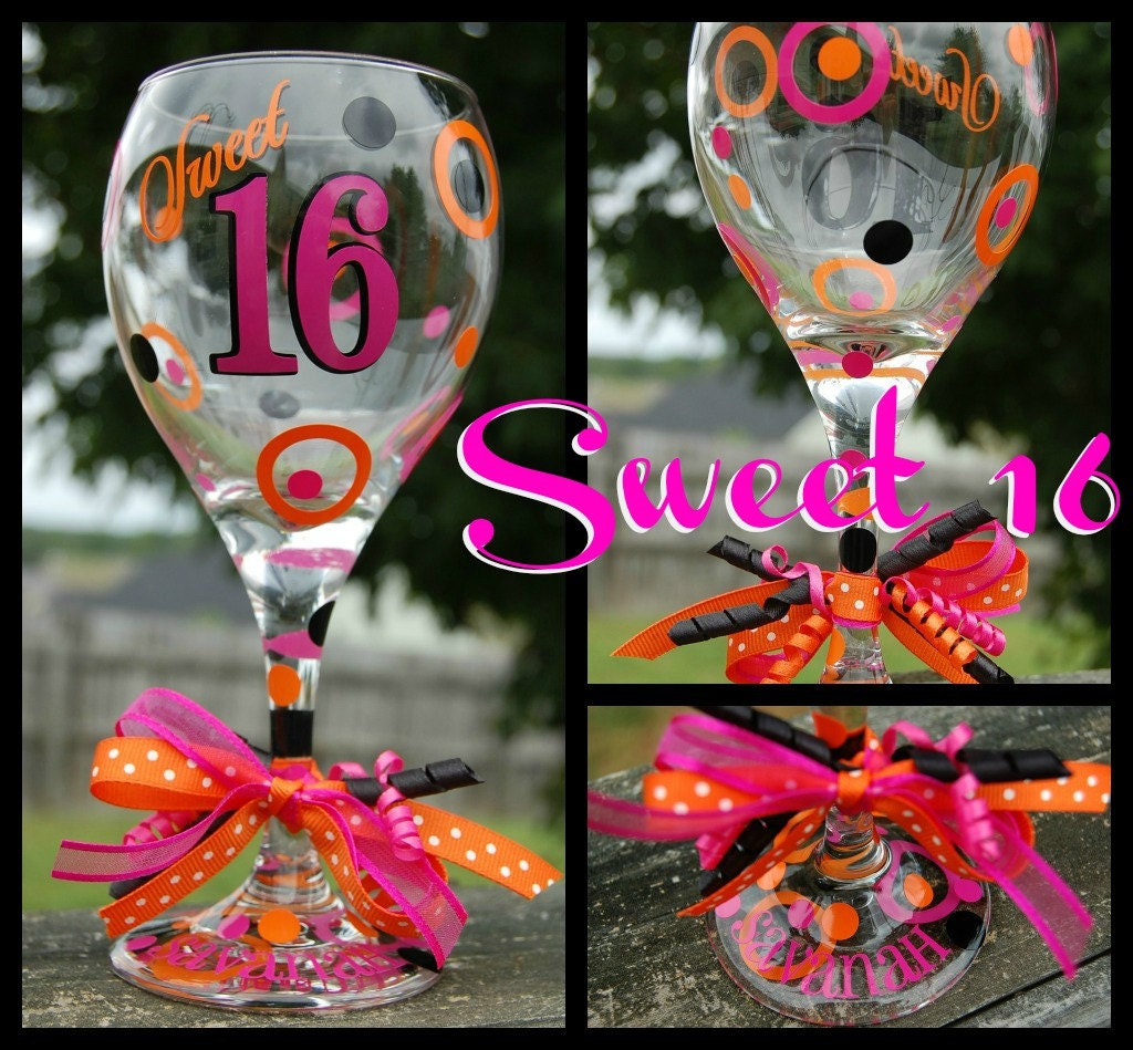 Sweet 16 Wine Glass - Decorated in Vinyl with Ribbon Accents