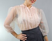 Reserved // 1950s Vintage Blouse...Spring Fashion Sheer Pale Pastel Pink Nylon Blouse with Ruffles and Puff Sleeves Size Medium