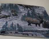 large baby blanket double sided woodland deer motif, soft cozy grey flannel on back