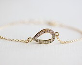Rhinestone Teardrop Gold Bracelet - sideways crystal pave gold teardrop charm 14k gold filled bracelet