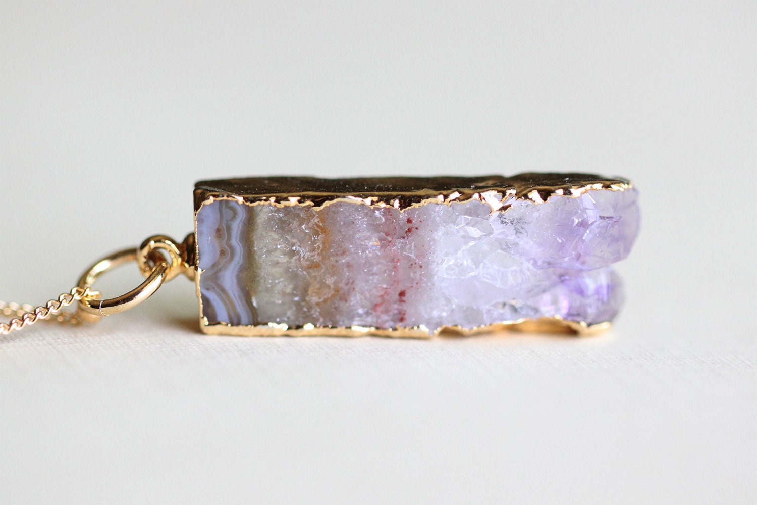 Amethyst Slice Necklace - small raw natural amethyst slice on 14k gold filled beaded chain