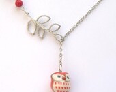 Silver Leaf Coral Porcelain Owl Necklace