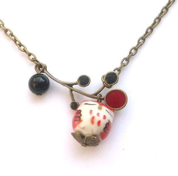 Antiqued Brass Leaf Agate Porcelain Owl Necklace